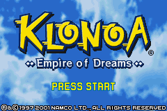 Klonoa: Empire of Dreams title screen for GameBoy Advance